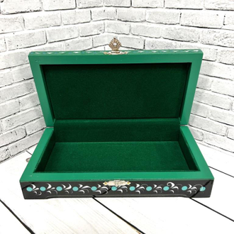 Шкатулка для денег Серебристо-зеленая 180х100 мм деревянная с росписью Хохлома