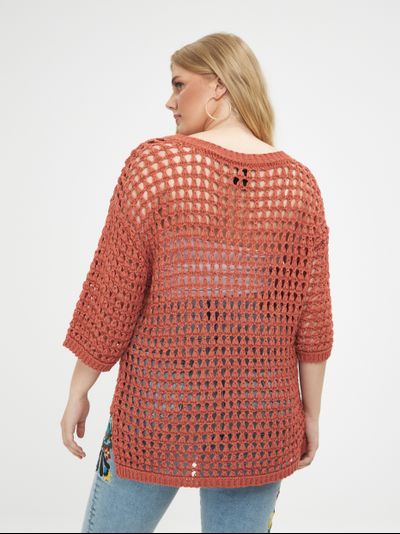 Джемпер-сетка вязанный с рукавом 3/4, цвет- мокко, терракот