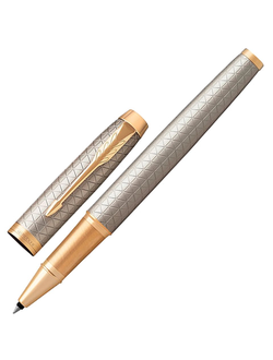 Ручка-роллер PARKER "IM Premium Warm Silver GT, корпус серебристый матовый с гравировкой, позолоченные детали, черная, 1931686