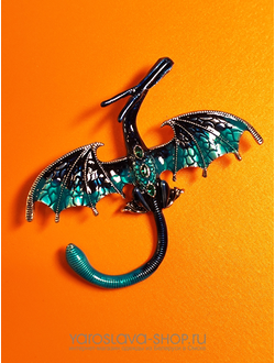 Б-137.Брошь дракон изумрудный с зеленым камнем.