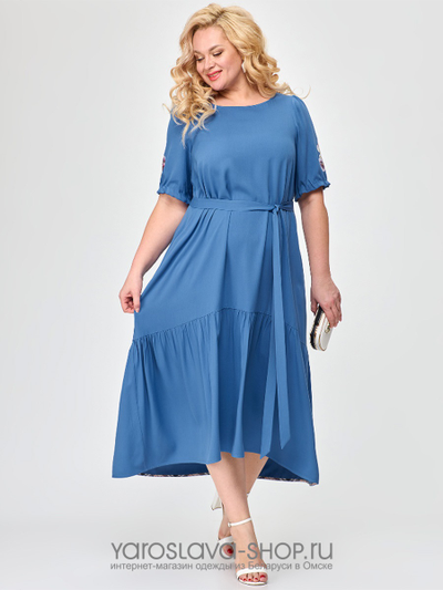 Летнее сине- голубое платье А-силуэта с воланом