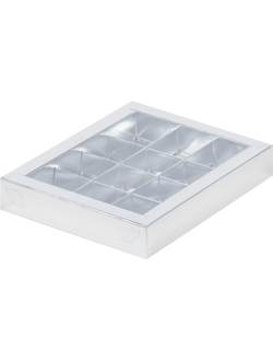 Коробка для 12 конфет с прозр. кр. (серебро), 190*150*30мм