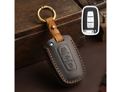 Чехол для смарт ключа kia с 3 кнопками из натуральной чёрной кожи. Ручной шов коричневой ниткой