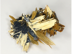 Редкость! Рутил свободного роста, сростки "звезды" золотистых игольчатых кристаллов на кристаллах гематита, Бразилия (20*18*7 мм, 2 г) №37911