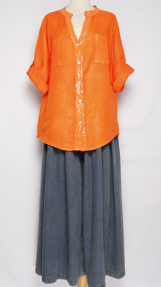 РУБАШКА ЛЁН "КРУЖЕВО НА СПИНЕ"  красная, оранжевая р.46-52