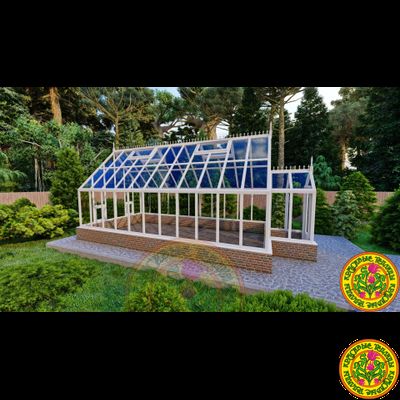 Базовая комплектация теплицы в английском стиле с холлом из стекала и алюминия СКАРЛЕТТ размером 7000 х 3500 мм