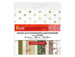 Бумага для скрапбукинга 30*30см "Рустик", двусторонняя, 12л., 180 г/м2, ОСТРОВ СОКРОВИЩ