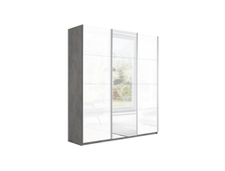 Шкаф-купе 3-х дверный «Траст» 2100 Бетон, Стекло белый глянец/Зеркало/Стекло белый глянец