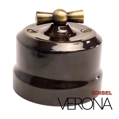 керамический ретро выключатель 2 клавишный коричневый Verona с бронзовой ручкой