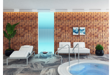 Стеновая панель из термоясеня "Термоясень бабочка" (артикул 1028-ST) в интерьере бассейна