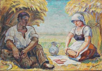 "В поле за обедом" холст масло Lippold 1930 год