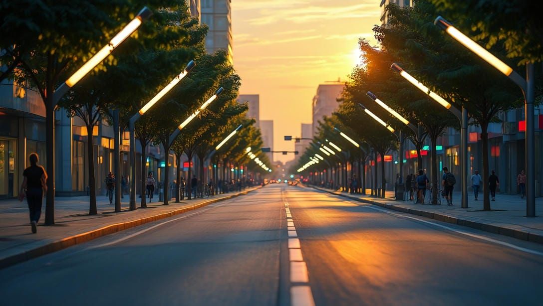 Консольные уличные светодиодные светильники вдоль городской улицы вечером