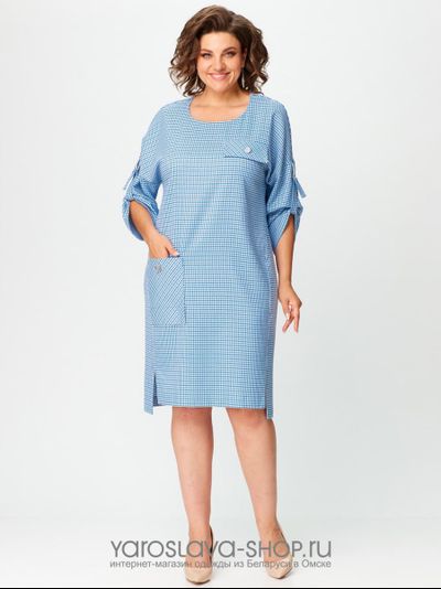 Модель: 1166.Нарядное женское платье голубого цвета в мелкую клетку