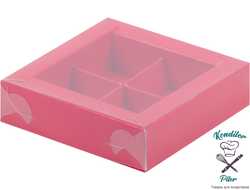 Коробка на 4 конфеты с пластиковой крышкой 120*120*30 мм, красная матовая
