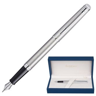 Ручка подарочная перьевая WATERMAN "Hemisphere Stainless Steel CT", серебристый корпус, хромированные детали, синяя, S0920410