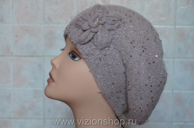 Вязаный розовый берет с цветком Vizio Италия 5893