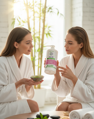 Две женщины в уютной домашней обстановке активно обсуждают косметическое желе «Виватон» 750 мл, одна