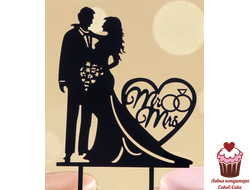 Топпер Молодожены с букетом, черный акрил