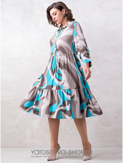 Модель: 1526. Женское платье с воланами в коричневых и голубых тонах.