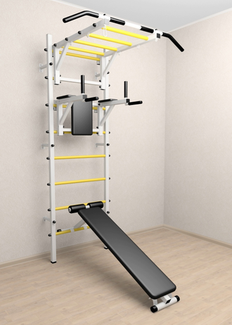 Шведская стенка в квартиру с турником рукоходом , брусьями и скамьей для пресса. С креплением к стене  "Рукоход"