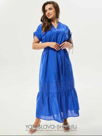 Модель: А-950-2. Легкое летнее платье "макси" синего цвета с кулисой на плечах.