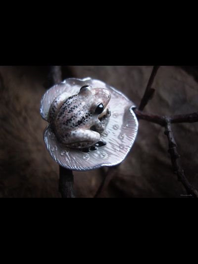 &quot;Бархатная весна&quot;, необычное арт-нуво кольцо с лягушкой и жемчужиной