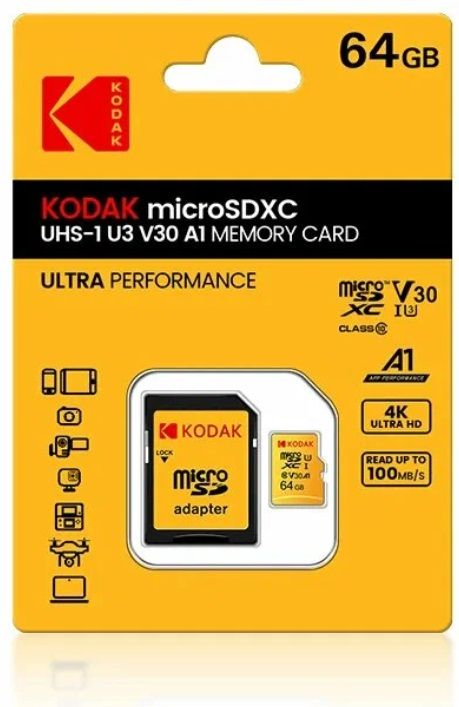 Карта памяти Kodak Micro SD, класс 10, UHS-1 U3 V30 A1 на 64 ГБ, чтение 100 МБ/с, запись данных 90 М
