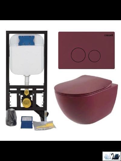 Creavit Set Free Berry Mat -  Комплект 5 в 1 Инсталляция и подвесной унитаз бордового цвета Берри.