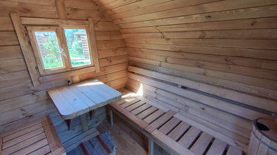 Баня-бочка с панорамным окном "ОКО" Комфорт+