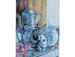 "Натюрморт с посудой и цветами" бумага акварель, пастель 1999 год