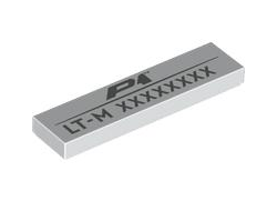 Tile 1 x 4 with Dark Silver 'P1', 'LT-M' and 8-Digit Serial Number Pattern, White (2431pb0891 6503810 6521103)
