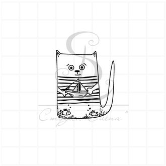 Штамп с котиком в тельняшке с корабликом в руках