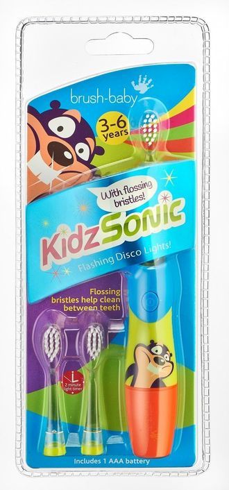 Детская электрическая звуковая зубная щетка KidzSonic с 3х до 6 лет (голубая), Brush-Baby