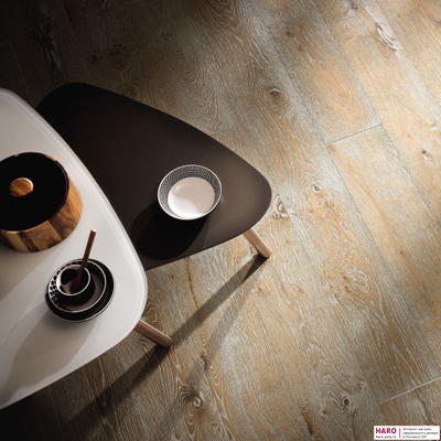 Декор паркетной доски Haro Дуб Ательер Саваж Ретро структур 1-пол, масло 531764 в интерьере детально