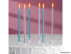 Свечи в торт "Ройс" 6 шт / 13 см Серебро Голубой