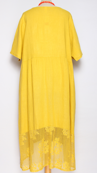 ПЛАТЬЕ БОХО ЛЬНЯНОЕ " АЖУРНОЕ КРУЖЕВО" фуксия, оранж, св.бежевое, желтое до р.54