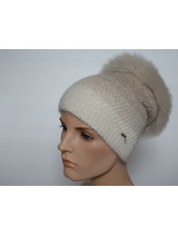 Стильная шапка вязаная с мехом Vizio Италия 6711 TP белая с бежевым