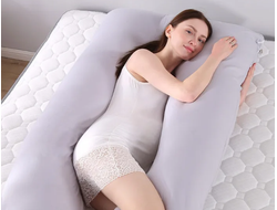 Анатомическая подушка для беременных U 340 х 35 Premium с наволочкой на молнии сатин страйп серый