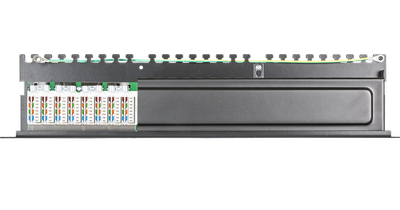 Коммутационная панель NETLAN 19", 1U, 24 порта, Кат.5e (Класс D), 100МГц, RJ45/8P8C, 110/KRONE, T568A/B, экранированная, черная