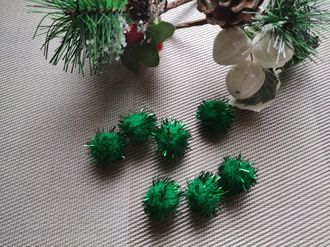 Помпоны с люрексом, цвет зеленый, набор 10 шт, диаметр 20 мм
