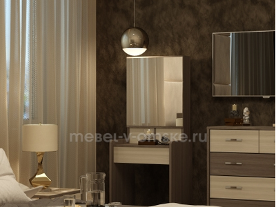 Туалетный столик "Николь в расцветке Ясень Шимо имеет выкатные ящики и полки за зеркалом