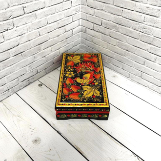 Шкатулка для денег Птица с клубникой 180х100 мм деревянная с росписью Хохлома