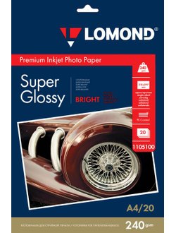 Суперглянцевая ярко-белая (Super Glossy Bright) микропористая фотобумага Lomond для струйной печати, A4, 240 г/м2, 20 листов.