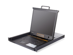 Выдвижная Консоль Kinan LCD KVM over IP высокой плотности по кабелю Cat 5 19", Клавиатура, Тачпад, TFT-дисплей, 24 порта, каскадное подключение до 768 устройств VGA+USB+PS/2, разрешение 1280x1024 75Hz, удаленно 1440x1050 60Hz, OSD, Internet (LC2924i)
