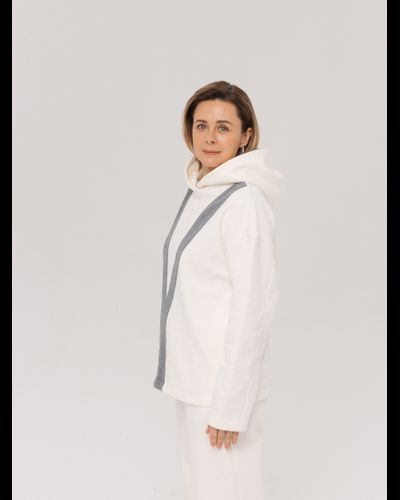Худи из велюрового футера с декоративной вставкой (белоснежный)