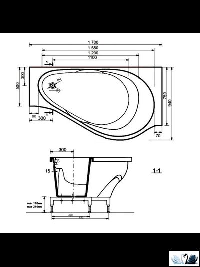 Ванна Эстет Грация 170 x 94 см, каменная правая, угловая, асимметричная
