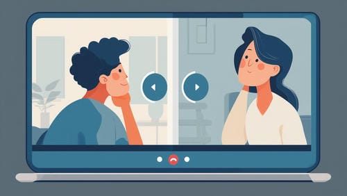 Психолог и клиент на онлайн-консультации, тёплый свет, атмосфера доверия
