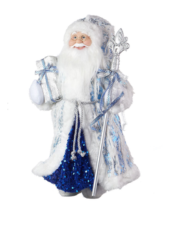 Новогодний сувенир Санта-Клаус с посохом и подарком,60 см, белый/голубой