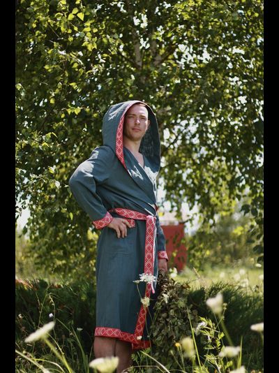 Халат для бани из крапивы "Легкий Пар" зеленый с капюшоном