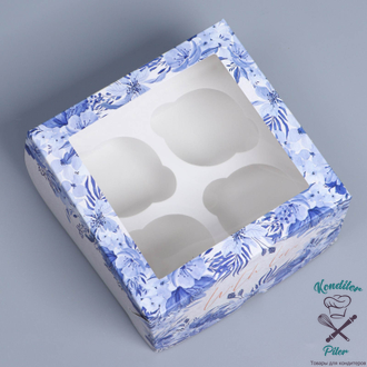 Коробка складная на 4 капкейка с окном «Синие цветы», 16 х 16 х 10 см